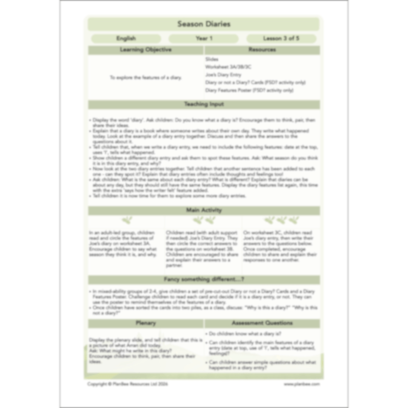 PlanBee Season Diaries | Year 1 English