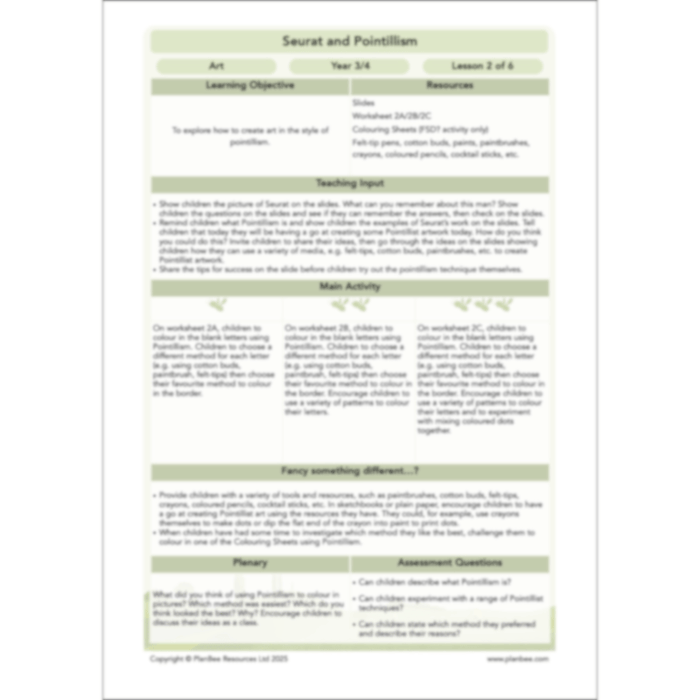 PlanBee Seurat and Pointillism KS2 Lesson Plans and Art Projects