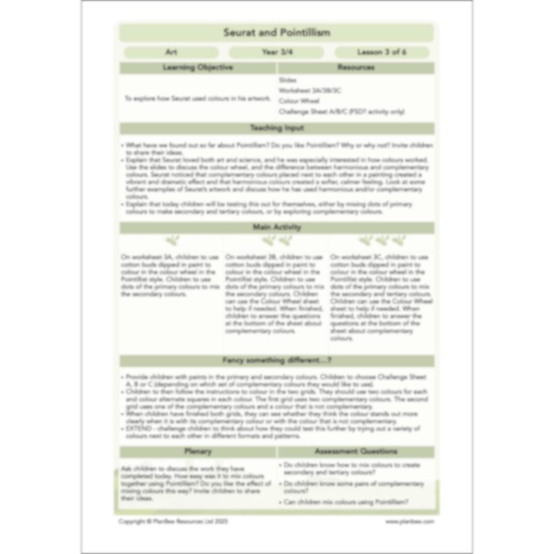 PlanBee Seurat and Pointillism KS2 Lesson Plans and Art Projects