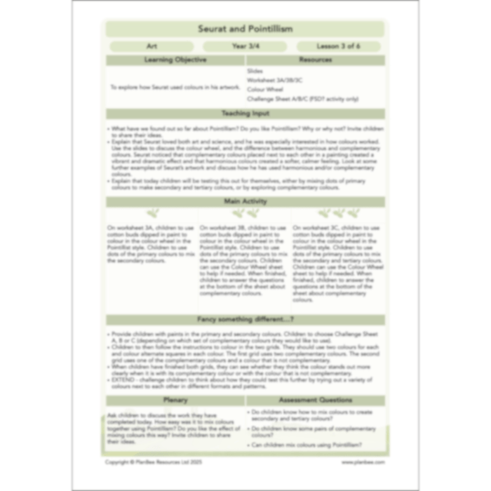 PlanBee Seurat and Pointillism KS2 Lesson Plans and Art Projects