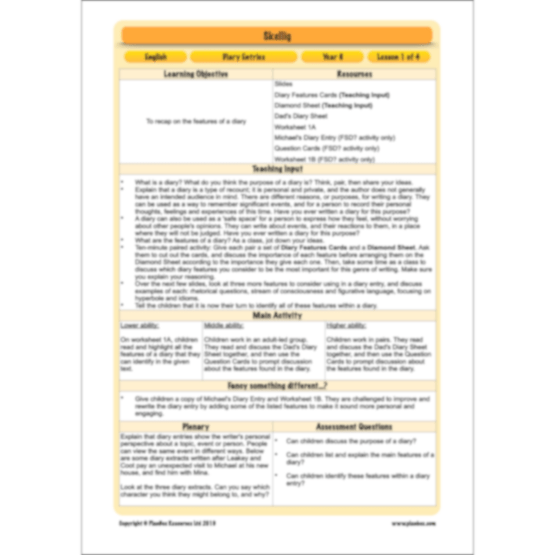PlanBee Skellig Diary Entries KS2 | Year 6 English Lesson Pack