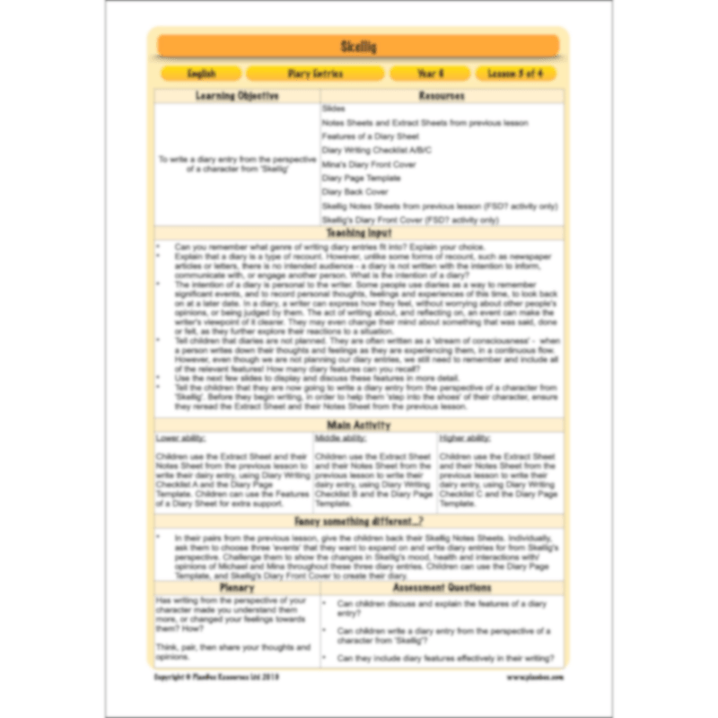 PlanBee Skellig Diary Entries KS2 | Year 6 English Lesson Pack