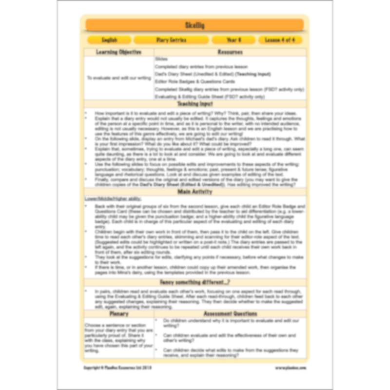 PlanBee Skellig Diary Entries KS2 | Year 6 English Lesson Pack