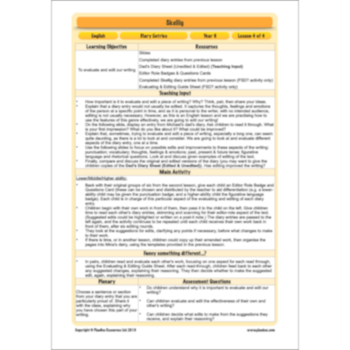 PlanBee Skellig Diary Entries KS2 | Year 6 English Lesson Pack