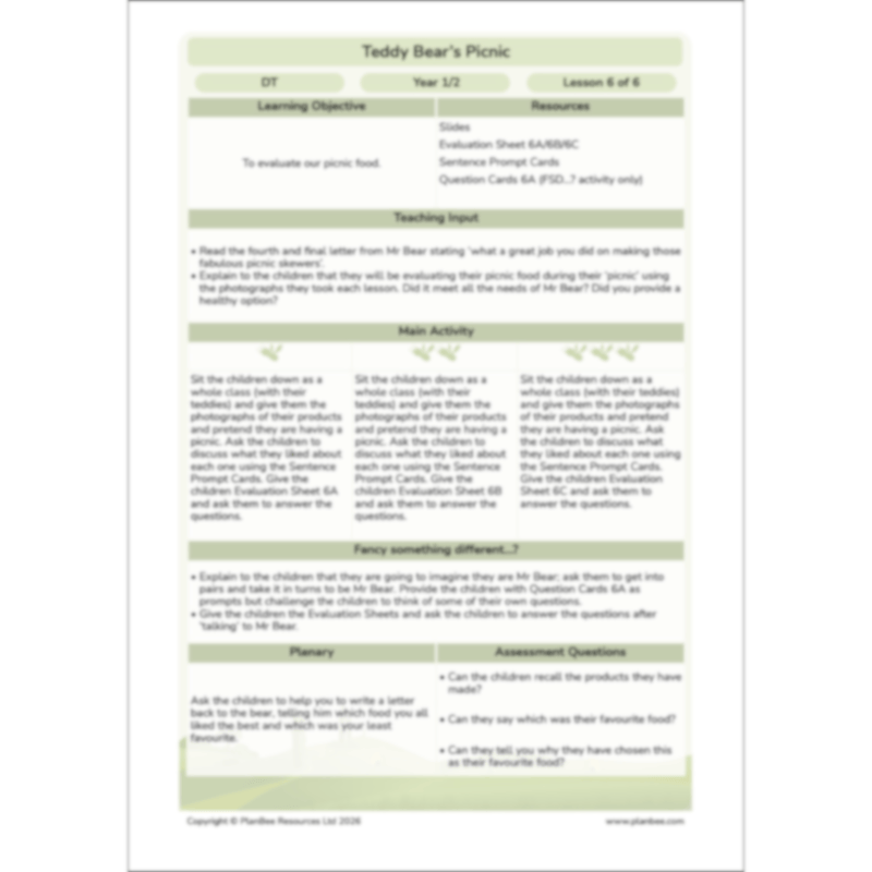 PlanBee Teddy Bears Picnic Ideas and DT Lessons by PlanBee