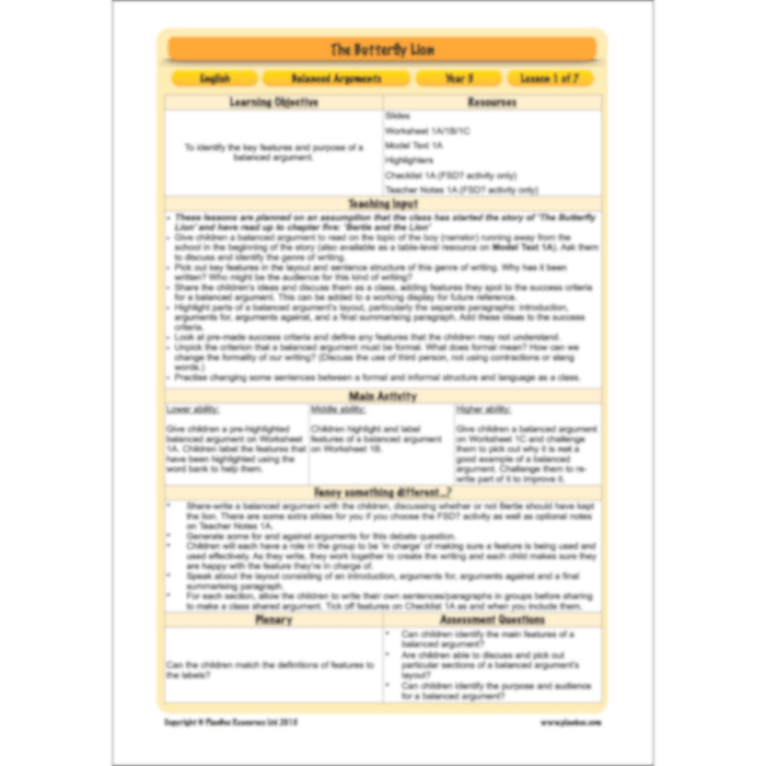 PlanBee The Butterfly Lion: Balanced Arguments KS2 Lesson Pack
