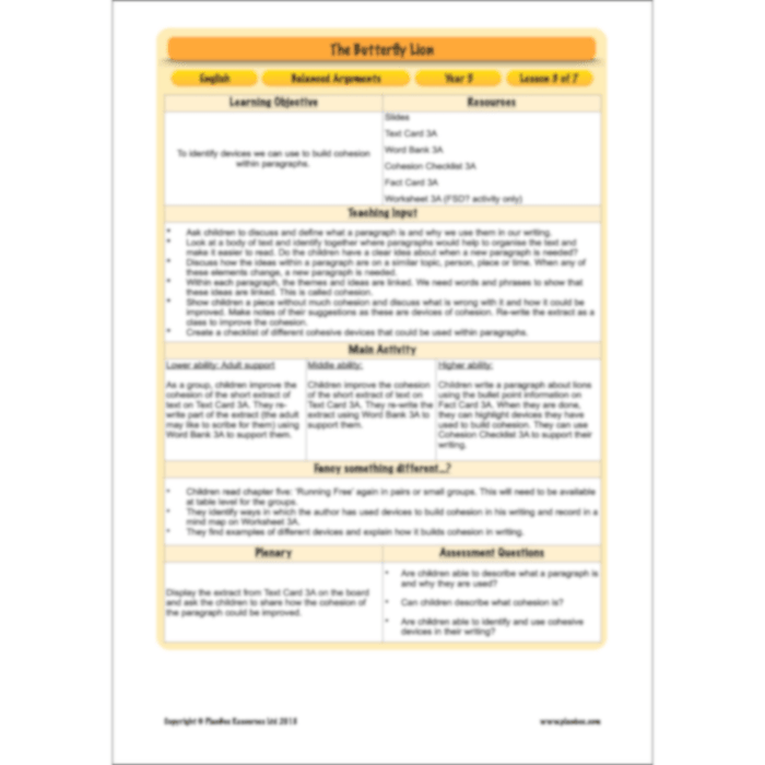 PlanBee The Butterfly Lion: Balanced Arguments KS2 Lesson Pack