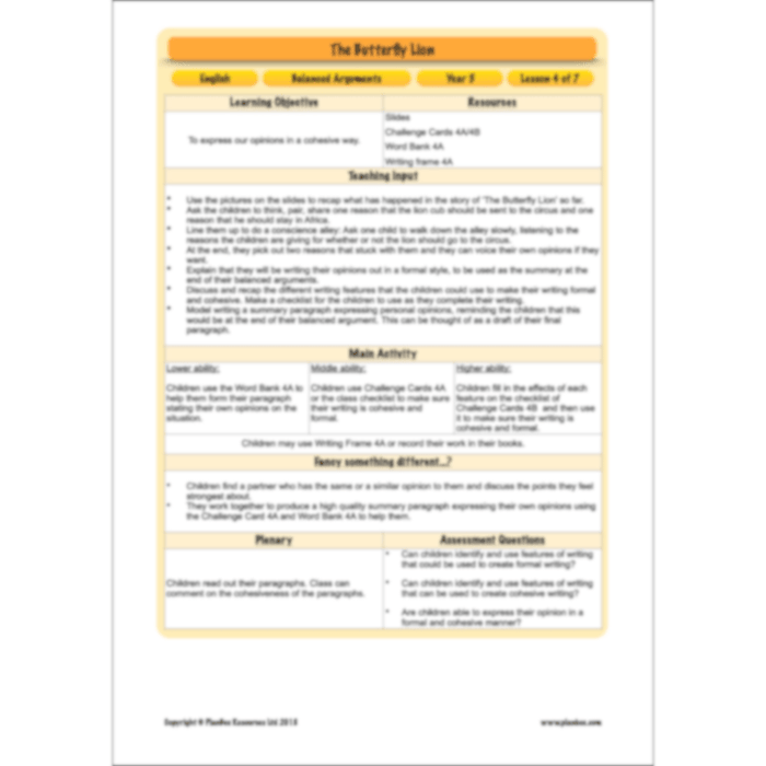 The Butterfly Lion: Balanced Arguments