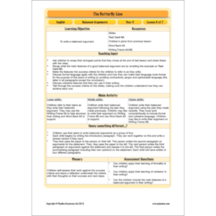 The Butterfly Lion: Balanced Arguments