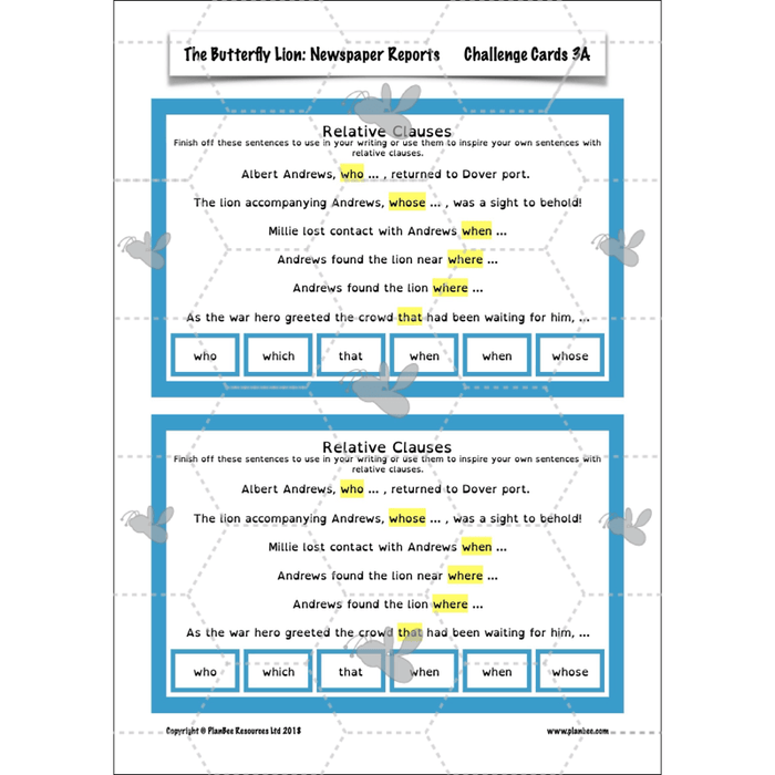PlanBee The Butterfly Lion: Newspaper Reports KS2 English Pack