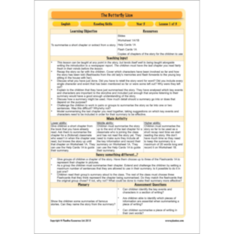 PlanBee FREE Mini-scheme | The Butterfly Lion Reading Skills KS2