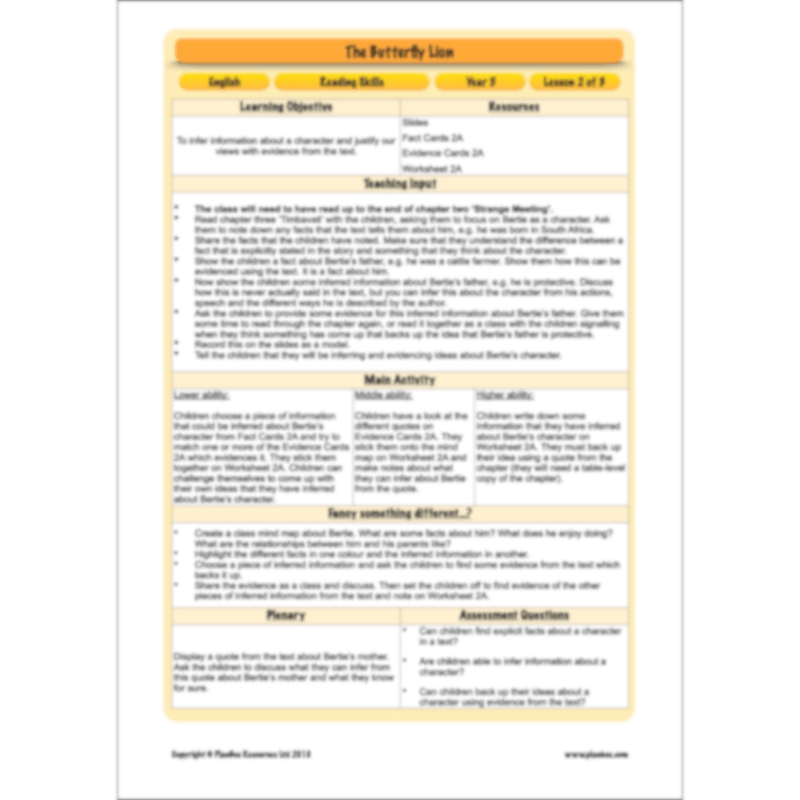 PlanBee FREE Mini-scheme | The Butterfly Lion Reading Skills KS2