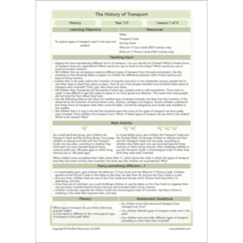 PlanBee The History of Transport KS1 History Lesson Pack