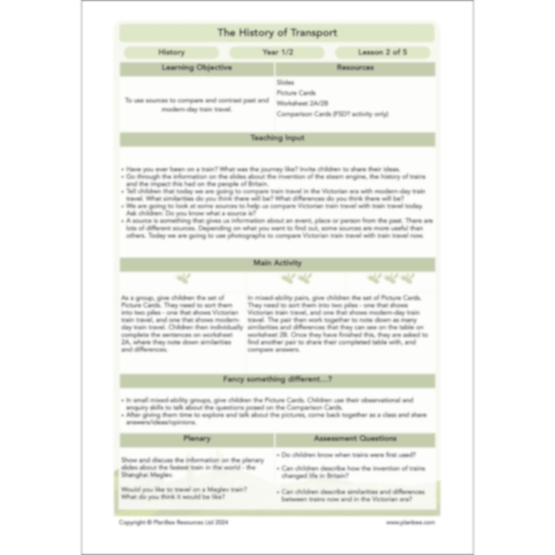PlanBee The History of Transport KS1 History Lesson Pack