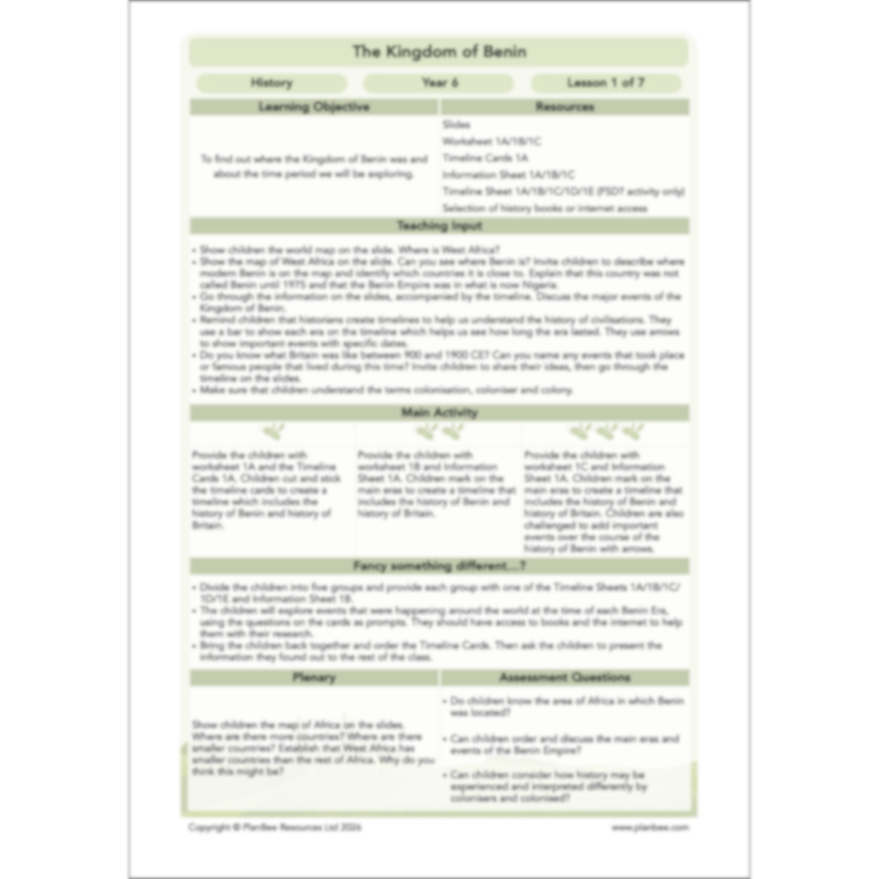 PlanBee The Kingdom of Benin KS2 History Lesson Pack