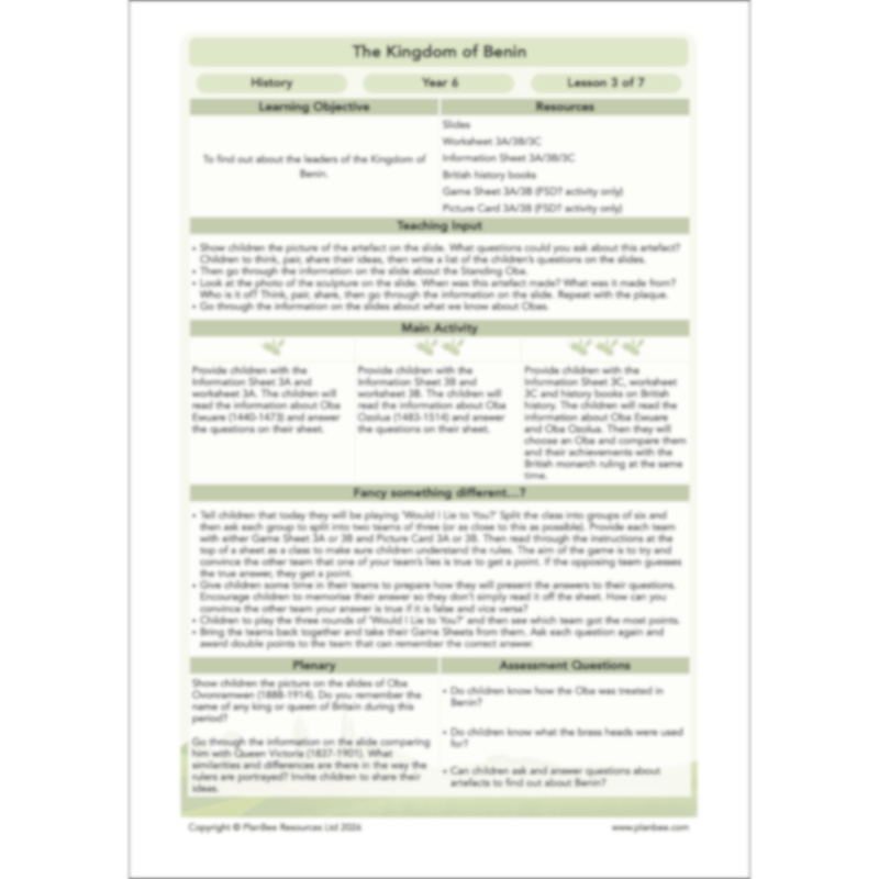 PlanBee The Kingdom of Benin KS2 History Lesson Pack