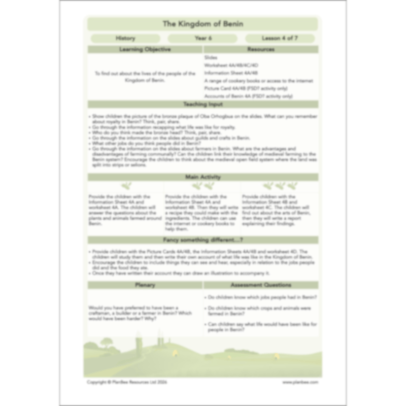 PlanBee The Kingdom of Benin KS2 History Lesson Pack