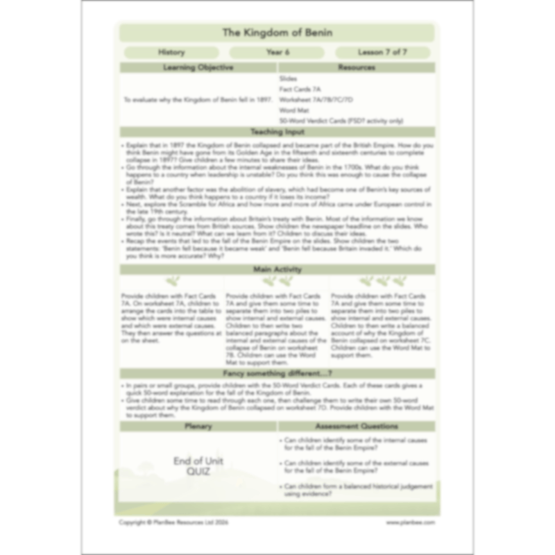 PlanBee The Kingdom of Benin KS2 History Lesson Pack