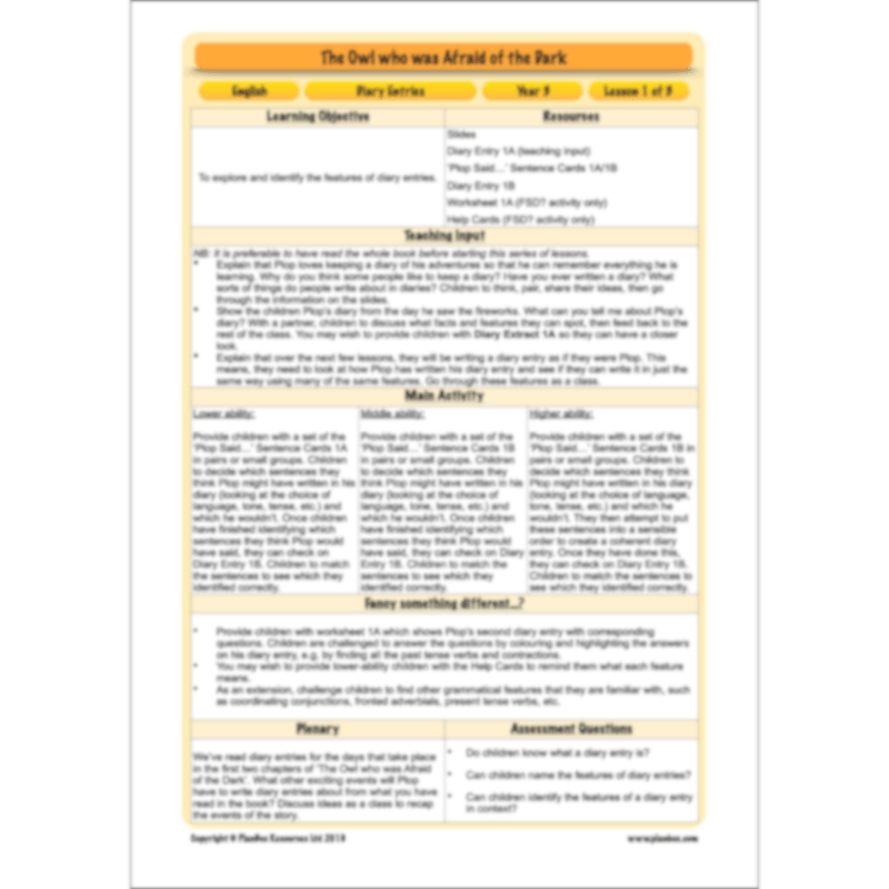 PlanBee FREE | The Owl who was Afraid of the Dark | Diaries KS2