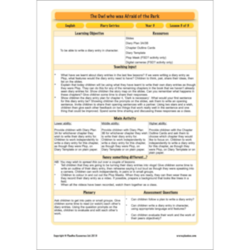 PlanBee FREE | The Owl who was Afraid of the Dark | Diaries KS2