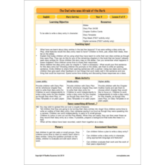 PlanBee FREE | The Owl who was Afraid of the Dark | Diaries KS2