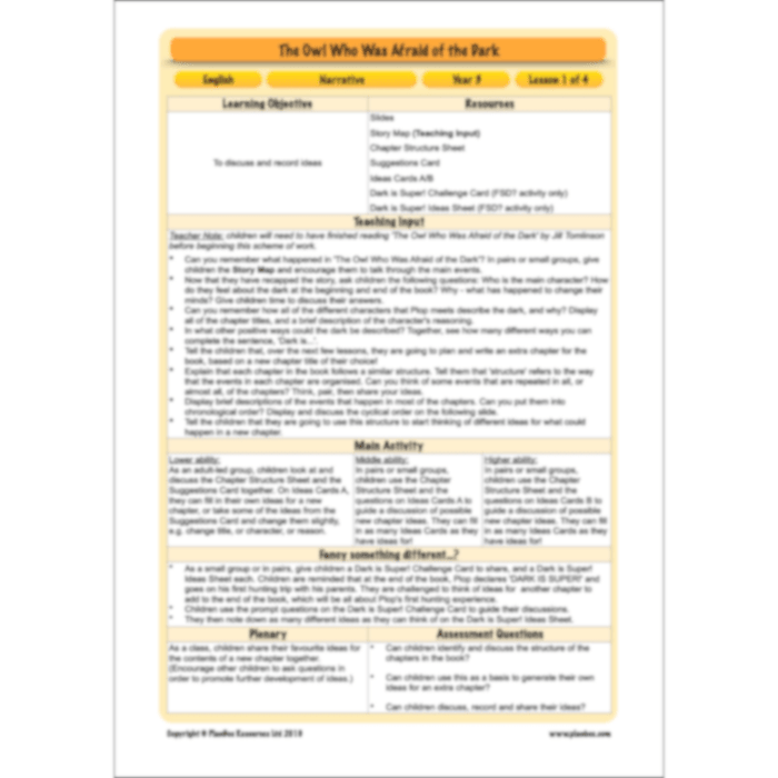 PlanBee The Owl who was Afraid of the Dark | KS2 Narrative Lessons