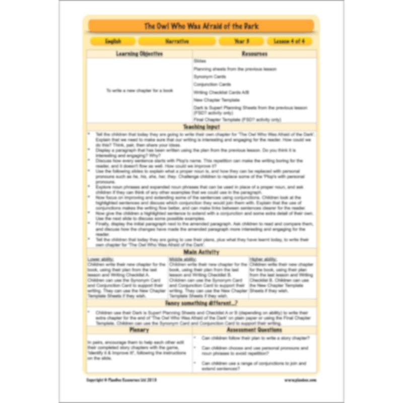 PlanBee The Owl who was Afraid of the Dark | KS2 Narrative Lessons