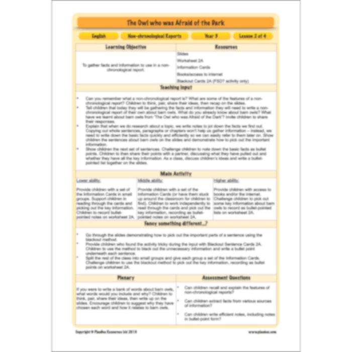 PlanBee The Owl who was Afraid of the Dark | KS2 Non-chronological Reports