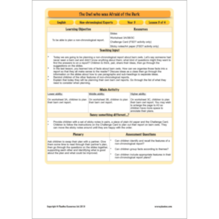 PlanBee The Owl who was Afraid of the Dark | KS2 Non-chronological Reports