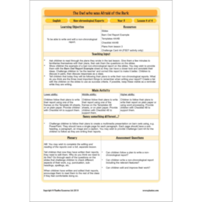 PlanBee The Owl who was Afraid of the Dark | KS2 Non-chronological Reports