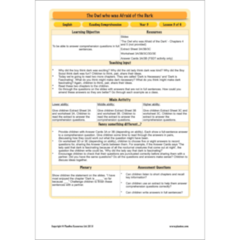 PlanBee The Owl who was Afraid of the Dark | KS2 Comprehension