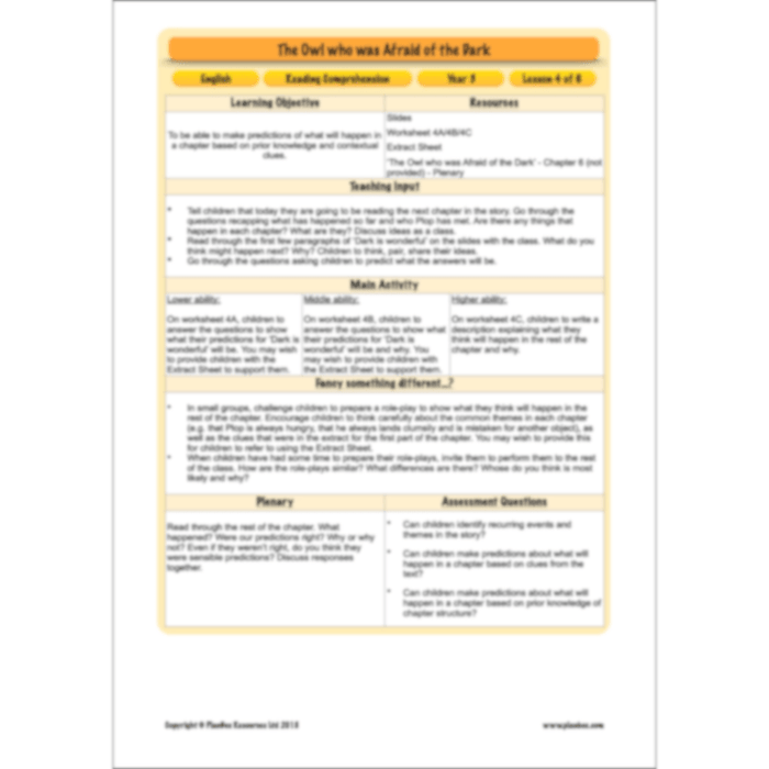 The Owl who was Afraid of the Dark: Reading Comprehension