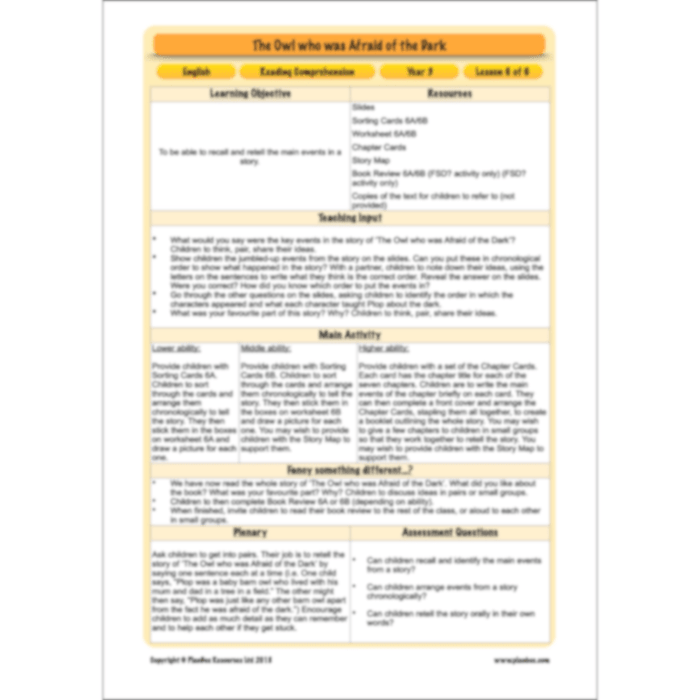 The Owl who was Afraid of the Dark: Reading Comprehension