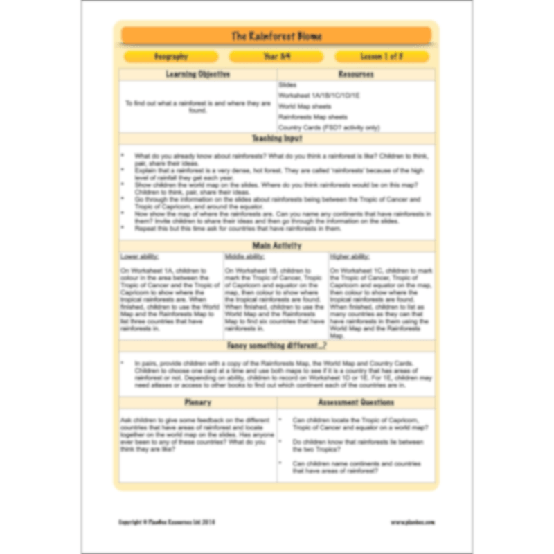 PlanBee The Rainforest Biome KS2 | Geography Lesson Pack