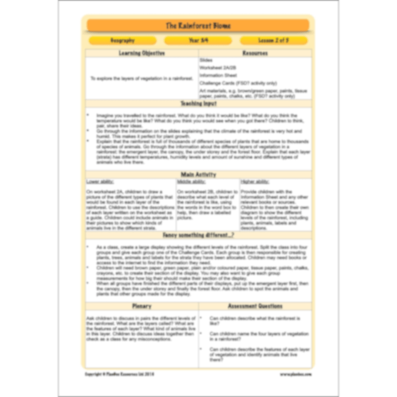 PlanBee The Rainforest Biome KS2 | Geography Lesson Pack