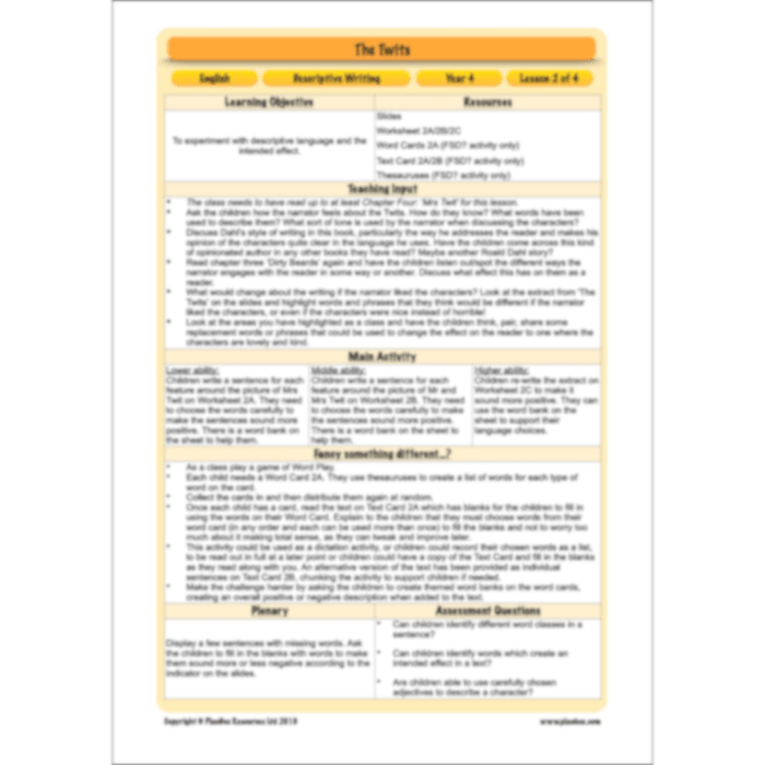 PlanBee The Twits: Descriptive Writing KS2 | Year 4 English Pack