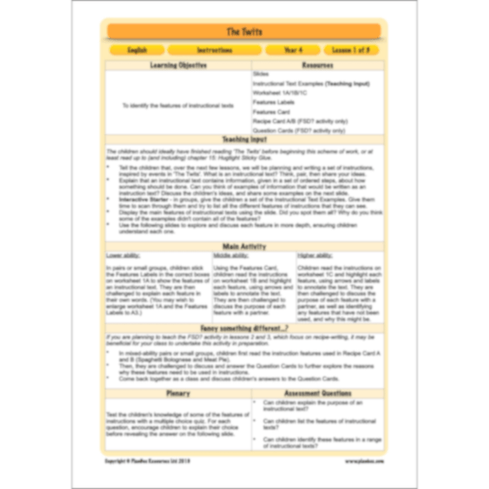 PlanBee The Twits Instructions KS2 | Year 4 English Pack
