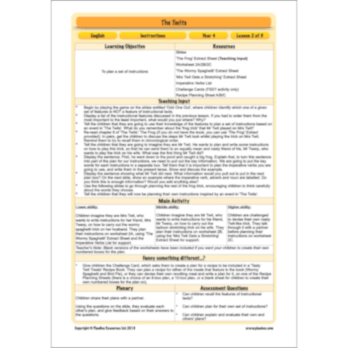 PlanBee The Twits Instructions KS2 | Year 4 English Pack