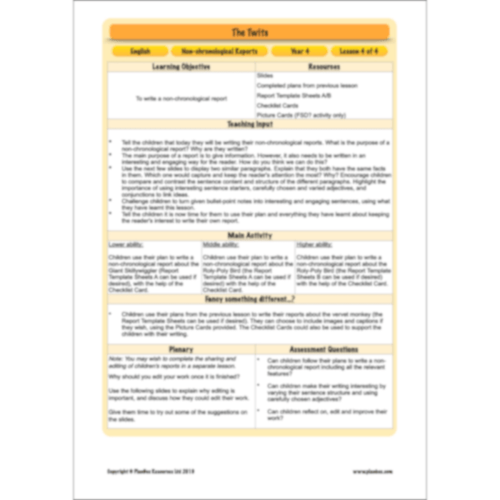 PlanBee The Twits: Non-chronological Reports KS2 | Y4 English Pack