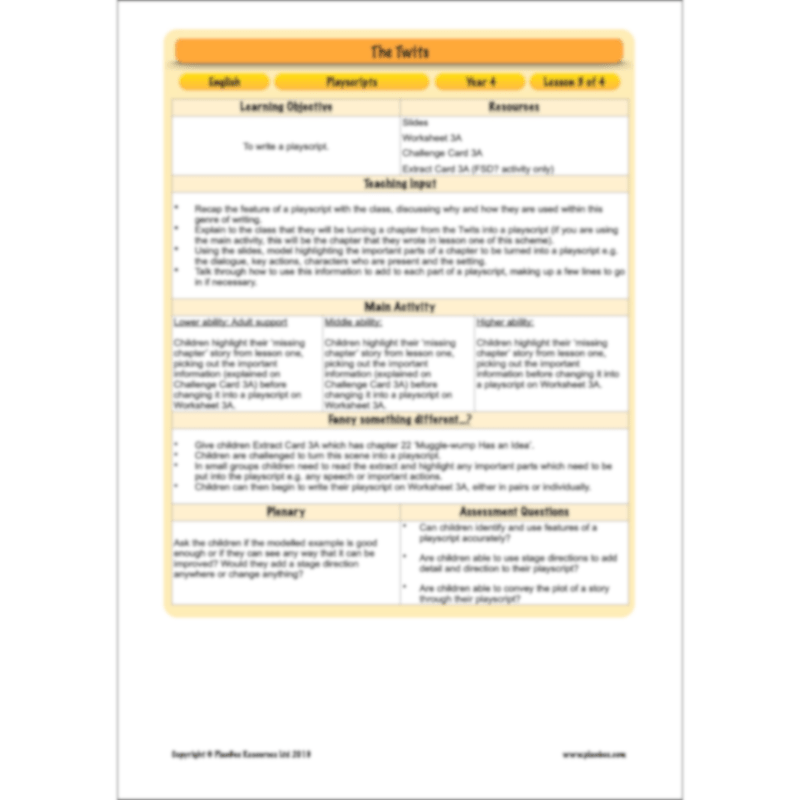 PlanBee The Twits: Playscripts KS2 | Year 4 English Pack