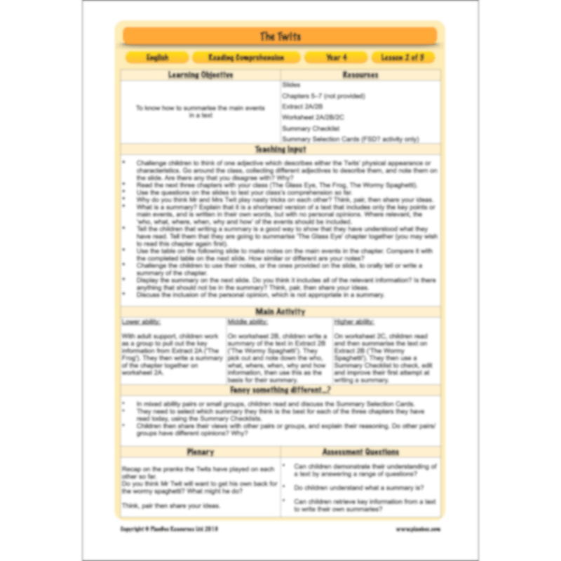 PlanBee The Twits Reading Comprehension KS2 | Year 4 English Pack