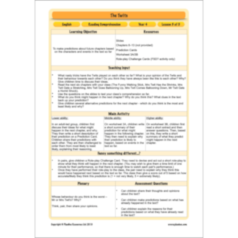 PlanBee The Twits Reading Comprehension KS2 | Year 4 English Pack