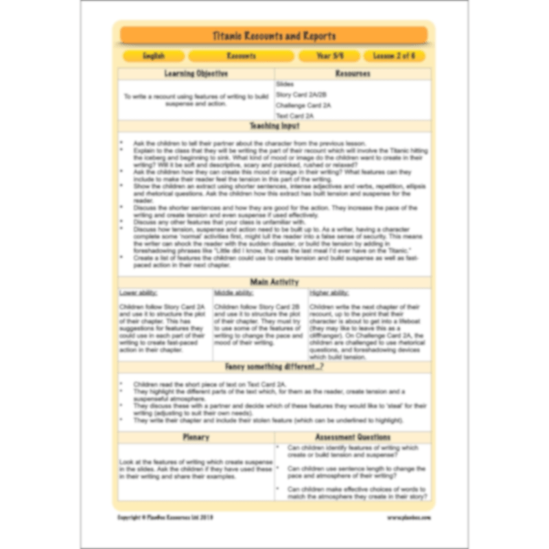 PlanBee Titanic Recounts and Reports English KS2 Lesson Pack