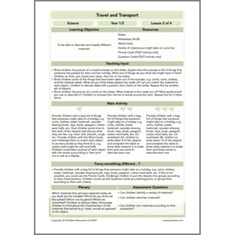 PlanBee Travel and Transport Topic Enrichment Pack