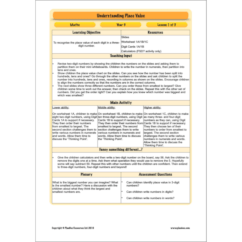 PlanBee Understanding Place Value Year 3 Maths Lessons by PlanBee