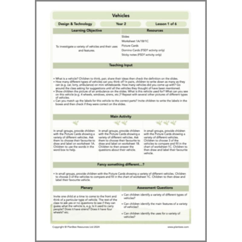 PlanBee Moving Vehicles KS1 Year 2 DT Lesson Planning by PlanBee