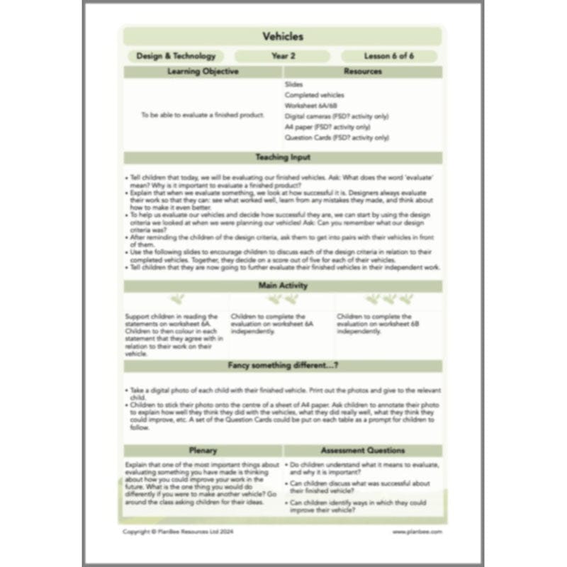 PlanBee Moving Vehicles KS1 Year 2 DT Lesson Planning by PlanBee