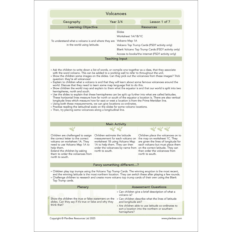 PlanBee Volcanoes KS2 Geography Lesson Planning