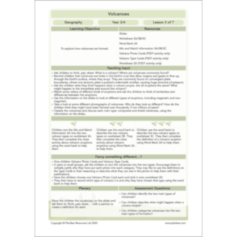 PlanBee Volcanoes KS2 Geography Lesson Planning