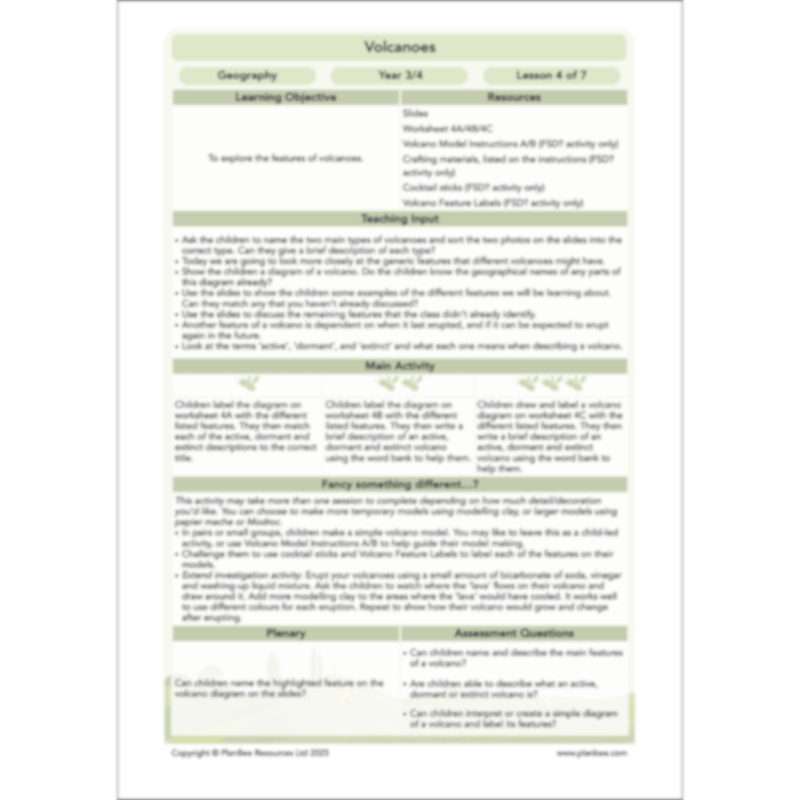 PlanBee Volcanoes KS2 Geography Lesson Planning